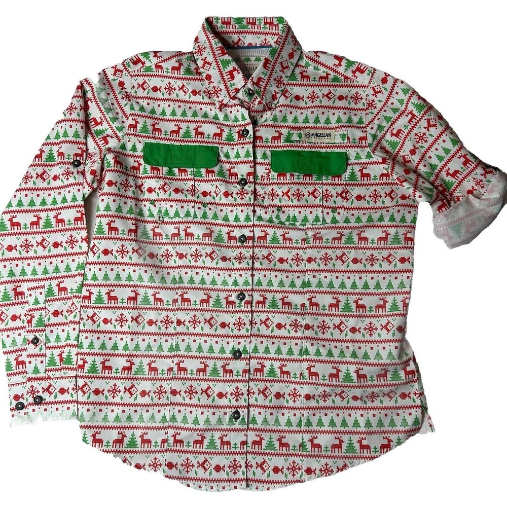 Magellan S Men’s Fishing Shirt Christmas Geometric Roll Tab Casual Vented Wickin